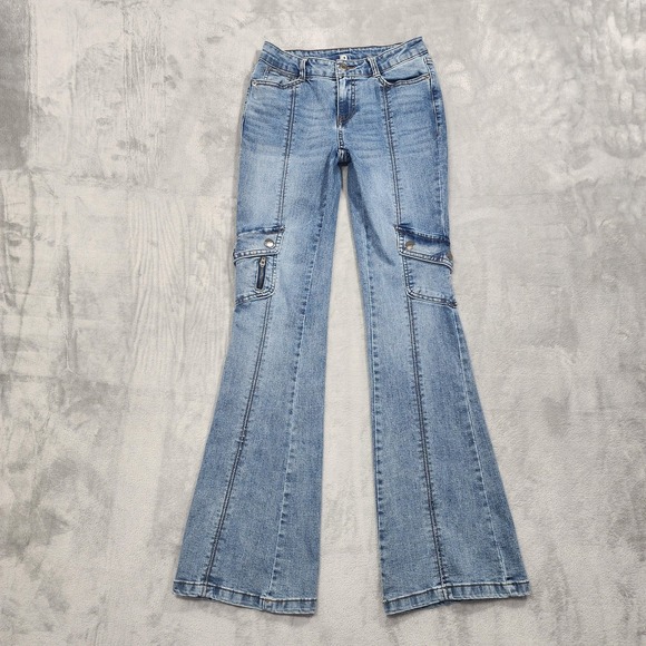 No Boundaries Denim - No Boundaries Jeans Womens 0 Juniors Blue Low Rise Flare Leg Cargo Stretch Denim